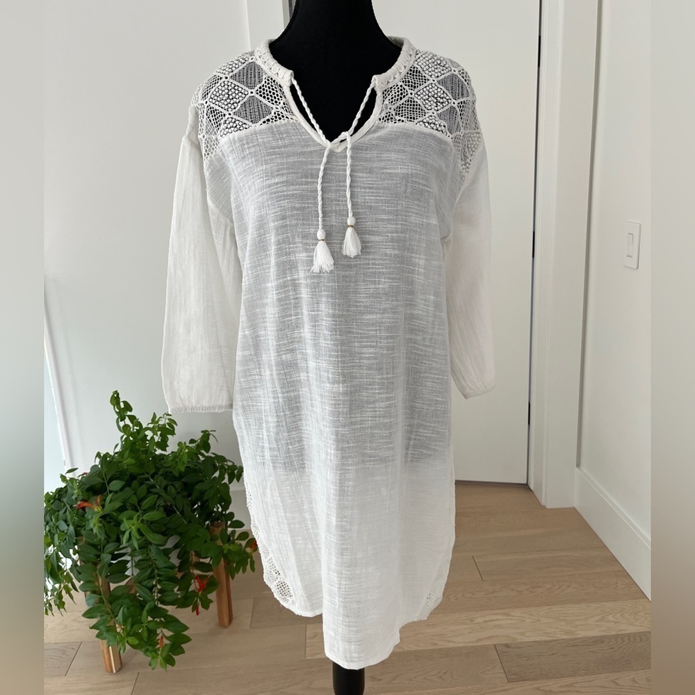 MELISSA NEPTON Roya Boho Chic Oversize Mini Dress Cotton Tassel Sheer Coverup